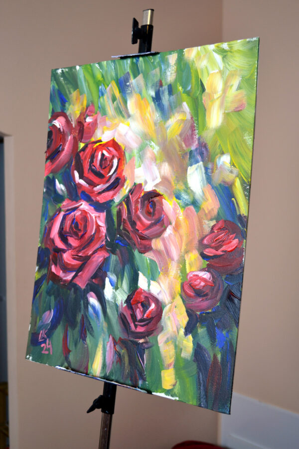 Vibrant rose painting by Lada Kholosho. One-of-a-kind acrylic on canvas, 40x50 cm, unframed, signed, with certificate. Ships worldwide.