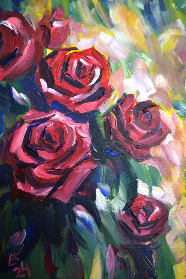 Vibrant rose painting by Lada Kholosho. One-of-a-kind acrylic on canvas, 40x50 cm, unframed, signed, with certificate. Ships worldwide.