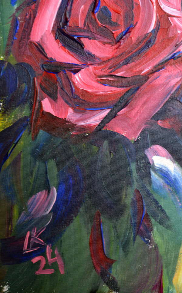 Vibrant rose painting by Lada Kholosho. One-of-a-kind acrylic on canvas, 40x50 cm, unframed, signed, with certificate. Ships worldwide.