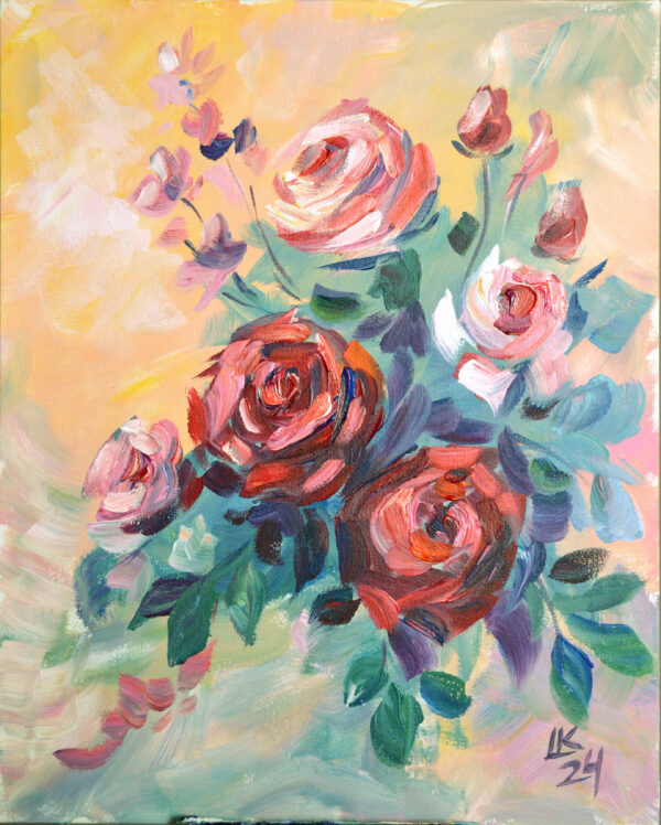 One-of-a-kind acrylic rose painting by Lada Kholosho. 40x50 cm, unframed, signed, ships worldwide with certificate of authenticity.