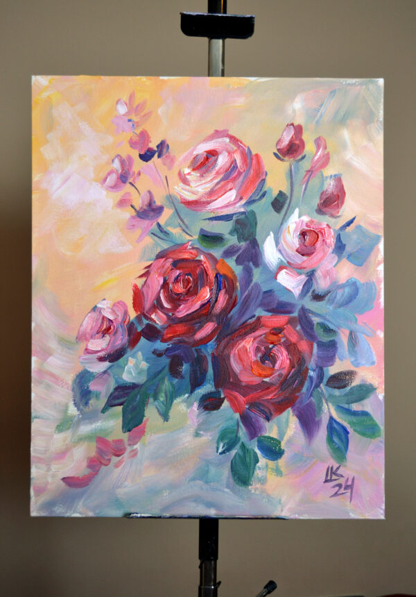 One-of-a-kind acrylic rose painting by Lada Kholosho. 40x50 cm, unframed, signed, ships worldwide with certificate of authenticity.