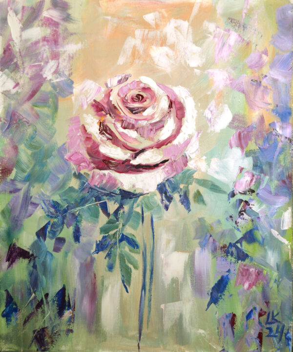 Dreamy rose painting by Lada Kholosho. One-of-a-kind acrylic on canvas, 50x60 cm, unframed, signed, with certificate. Ships worldwide.