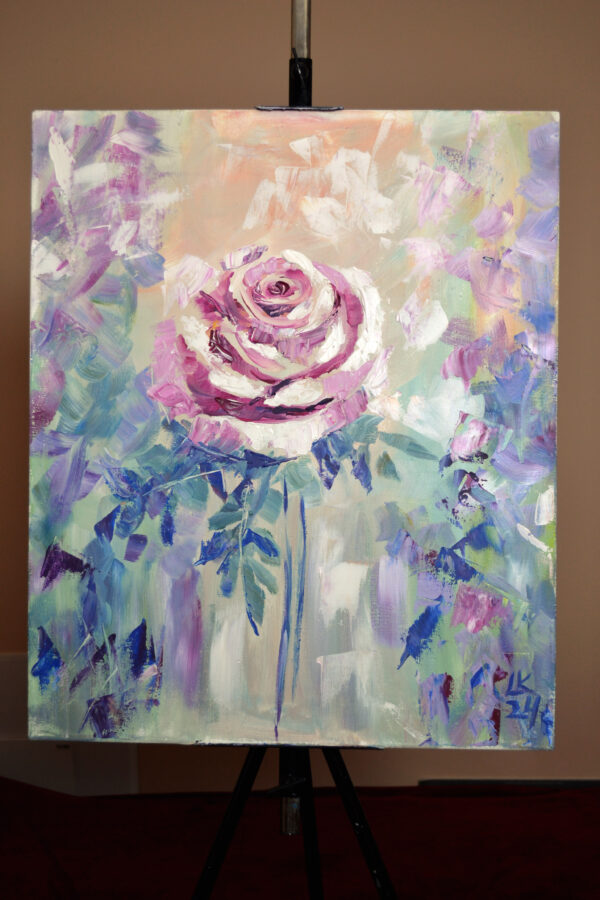 Dreamy rose painting by Lada Kholosho. One-of-a-kind acrylic on canvas, 50x60 cm, unframed, signed, with certificate. Ships worldwide.
