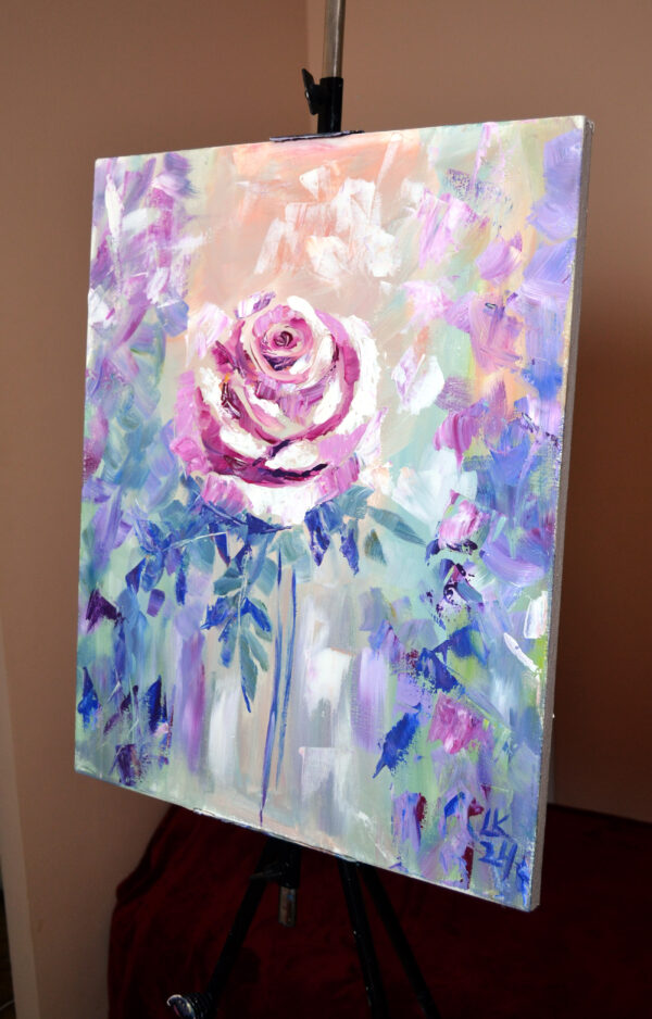 Dreamy rose painting by Lada Kholosho. One-of-a-kind acrylic on canvas, 50x60 cm, unframed, signed, with certificate. Ships worldwide.