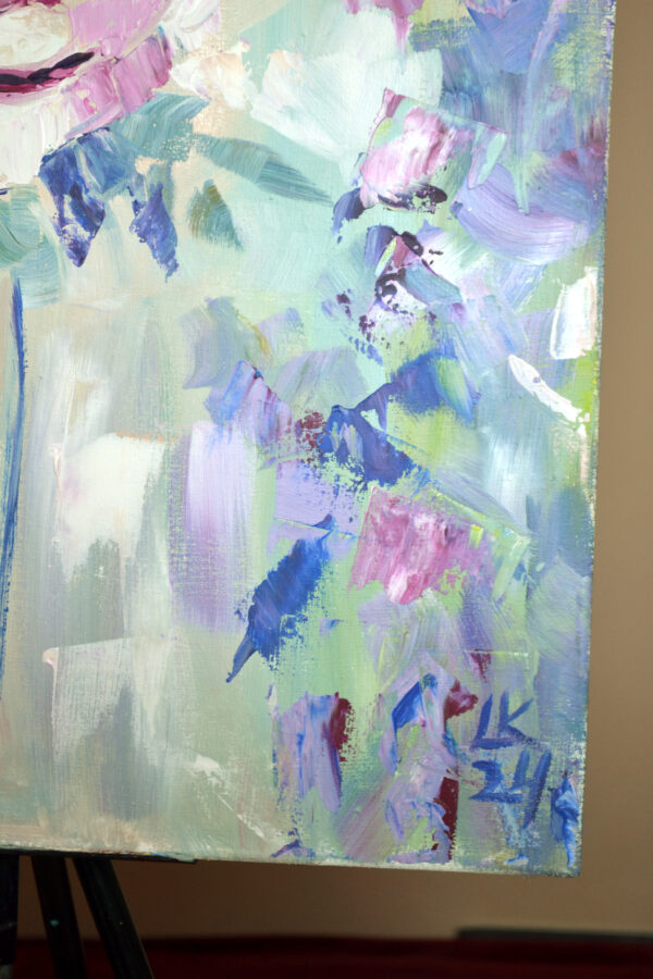 Dreamy rose painting by Lada Kholosho. One-of-a-kind acrylic on canvas, 50x60 cm, unframed, signed, with certificate. Ships worldwide.