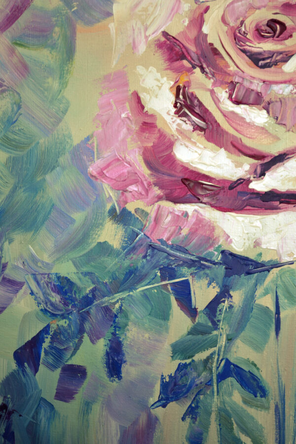 Dreamy rose painting by Lada Kholosho. One-of-a-kind acrylic on canvas, 50x60 cm, unframed, signed, with certificate. Ships worldwide.