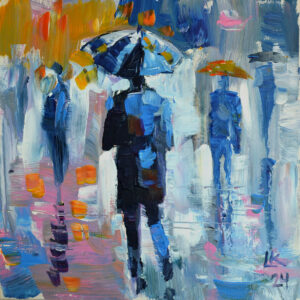 Umbrellas in the Mist – Original Acrylic Cityscape by Lada Kholosho (2024)