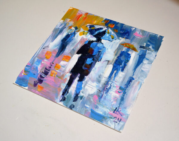 Umbrellas in the Mist – Original Acrylic Cityscape by Lada Kholosho (2024)