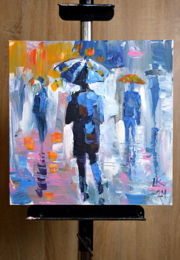 Umbrellas in the Mist – Original Acrylic Cityscape by Lada Kholosho (2024)