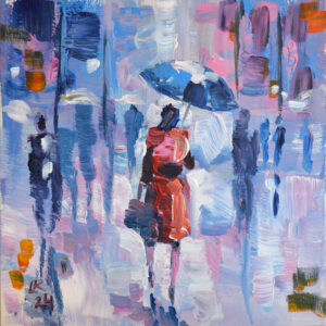 Rainy Day in Red – Original Acrylic City Scene by Lada Kholosho (2024)