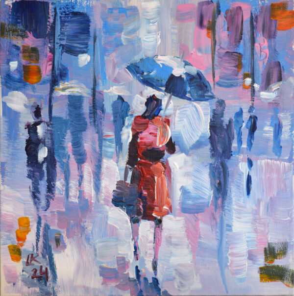 Rainy Day in Red – Original Acrylic City Scene by Lada Kholosho (2024)