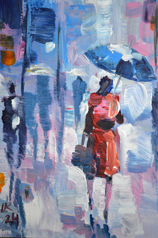 Rainy Day in Red – Original Acrylic City Scene by Lada Kholosho (2024)