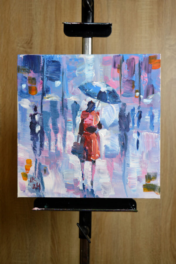 Rainy Day in Red – Original Acrylic City Scene by Lada Kholosho (2024)