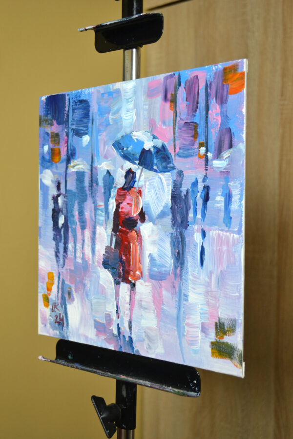 Rainy Day in Red – Original Acrylic City Scene by Lada Kholosho (2024)