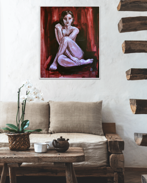 Seated Nude Painting – Red Acrylic on Canvas (24x20 in)