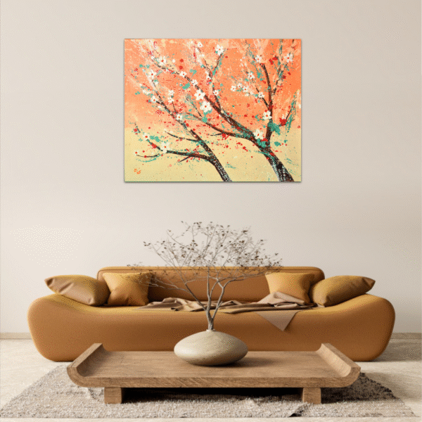 Original abstract floral painting in warm peach and coral tones, 31x39 in. A bold, expressive work that brings nature and joy into your interior.