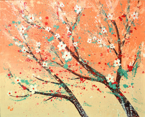 Original abstract floral painting in warm peach and coral tones, 31x39 in. A bold, expressive work that brings nature and joy into your interior.
