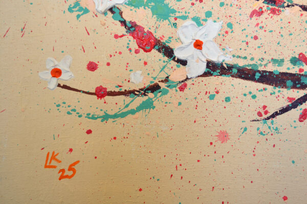 Original abstract floral painting in warm peach and coral tones, 31x39 in. A bold, expressive work that brings nature and joy into your interior.