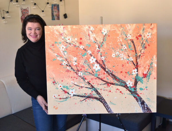 Original abstract floral painting in warm peach and coral tones, 31x39 in. A bold, expressive work that brings nature and joy into your interior.