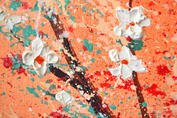 Original abstract floral painting in warm peach and coral tones, 31x39 in. A bold, expressive work that brings nature and joy into your interior.