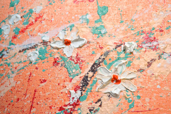 Original abstract floral painting in warm peach and coral tones, 31x39 in. A bold, expressive work that brings nature and joy into your interior.