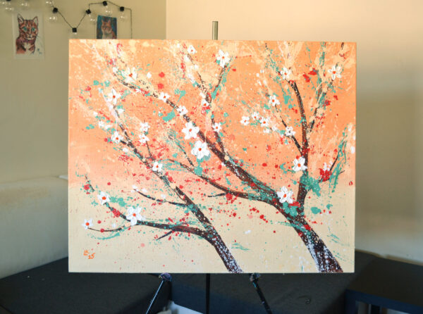 Original abstract floral painting in warm peach and coral tones, 31x39 in. A bold, expressive work that brings nature and joy into your interior.