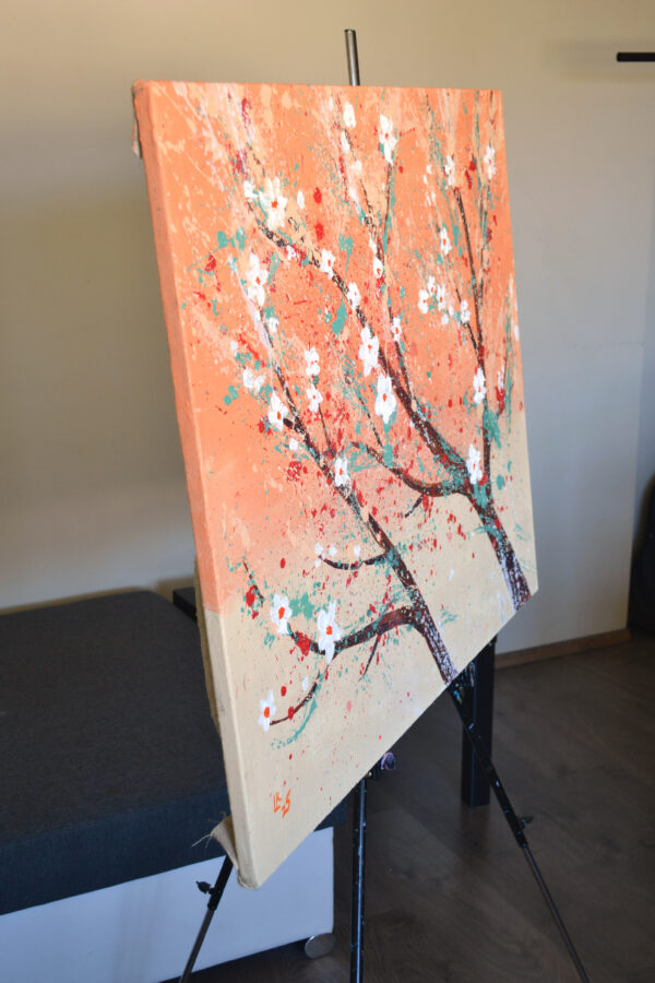 Original abstract floral painting in warm peach and coral tones, 31x39 in. A bold, expressive work that brings nature and joy into your interior.