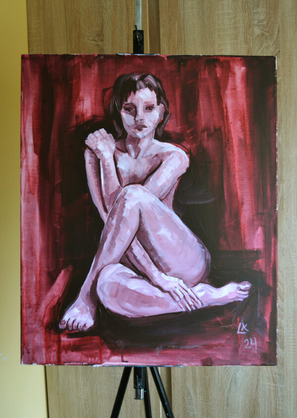 Seated Nude Painting – Red Acrylic on Canvas (24x20 in)