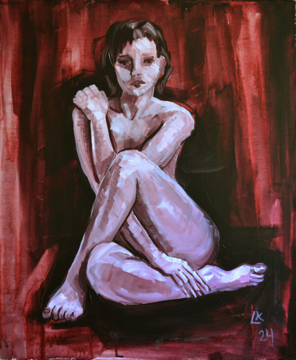 Seated Nude Painting – Red Acrylic on Canvas (24x20 in)