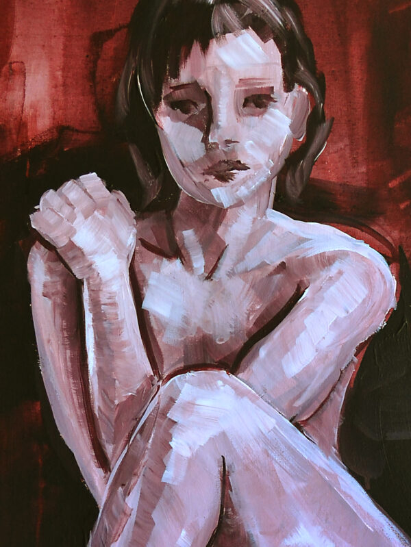 Seated Nude Painting – Red Acrylic on Canvas (24x20 in)