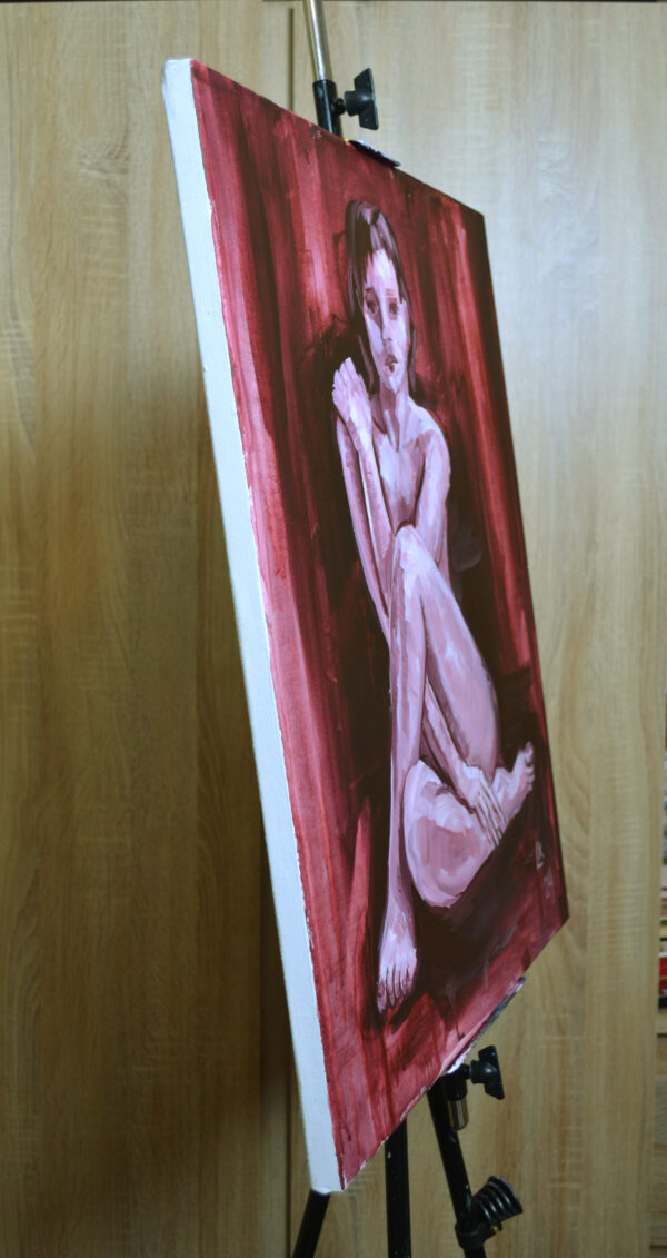 Seated Nude Painting – Red Acrylic on Canvas (24x20 in)