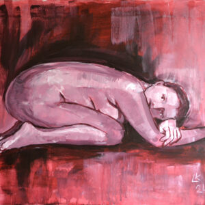 Curled Nude Painting – Red Acrylic on Canvas (20x24 in / 50x60 cm)