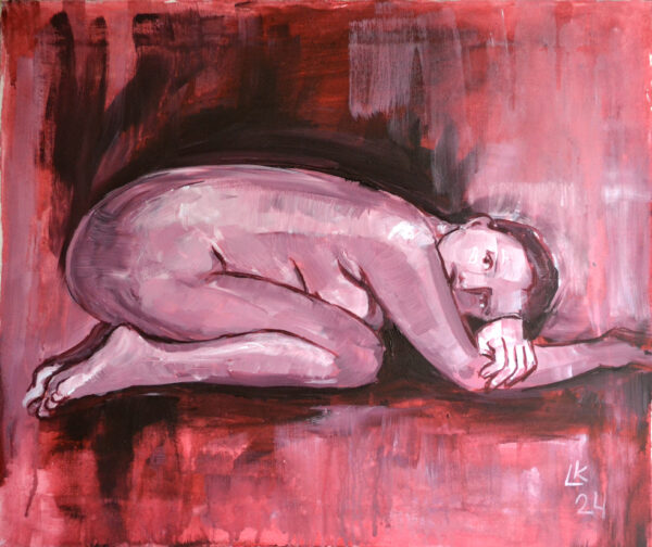 Curled Nude Painting – Red Acrylic on Canvas (20x24 in / 50x60 cm)