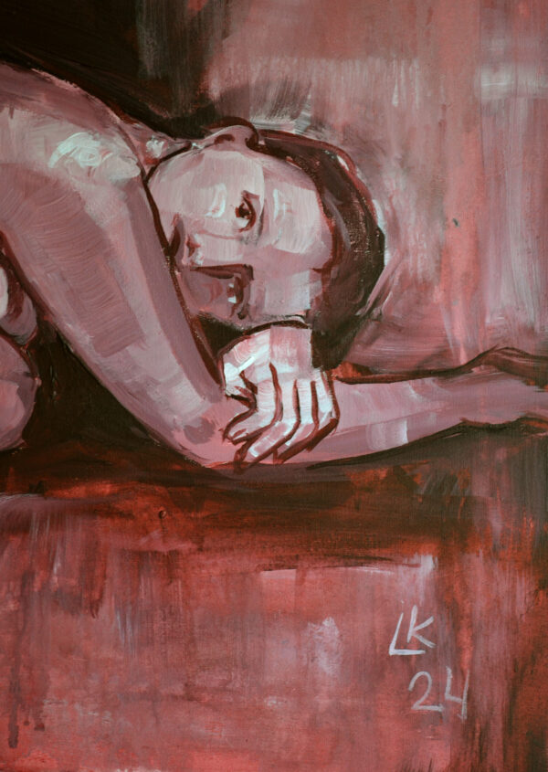 Curled Nude Painting – Red Acrylic on Canvas (20x24 in / 50x60 cm)