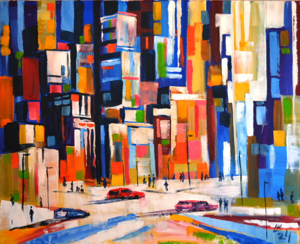 Colorful Abstract Cityscape Painting – Acrylic on Canvas (31x39 in)