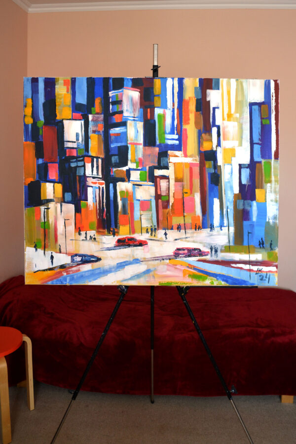 Colorful Abstract Cityscape Painting – Acrylic on Canvas (31x39 in)