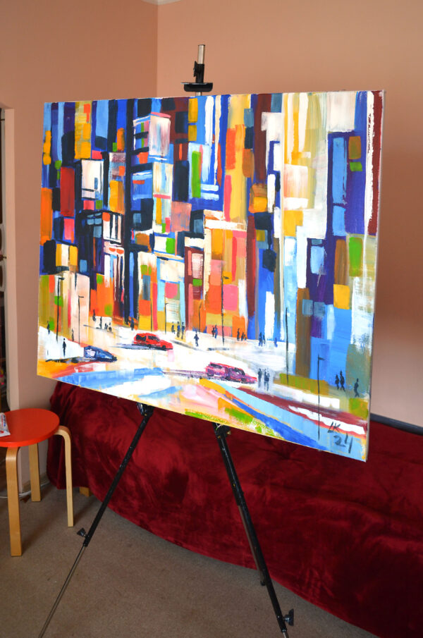 Colorful Abstract Cityscape Painting – Acrylic on Canvas (31x39 in)